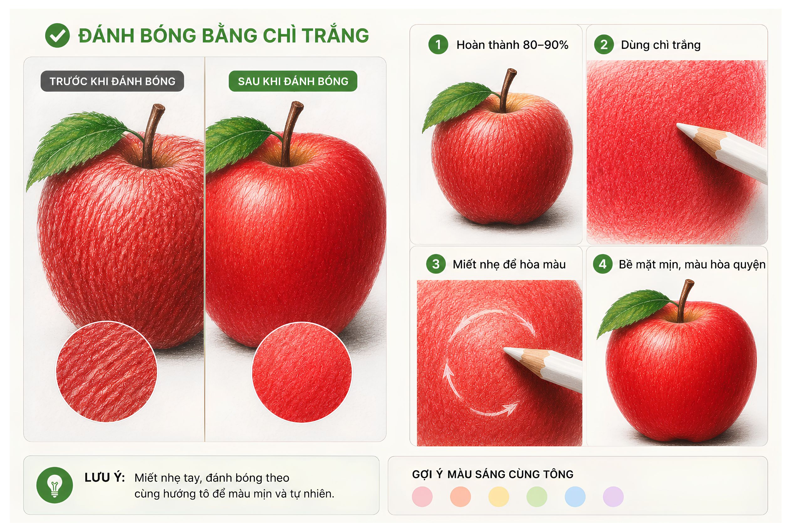 7 Kỹ Thuật Đánh Bóng Chì Màu Giúp Bài Vẽ Mịn Và Có Chiều Sâu - sử dụng chì trắng hoặc màu sáng để đánh bóng
