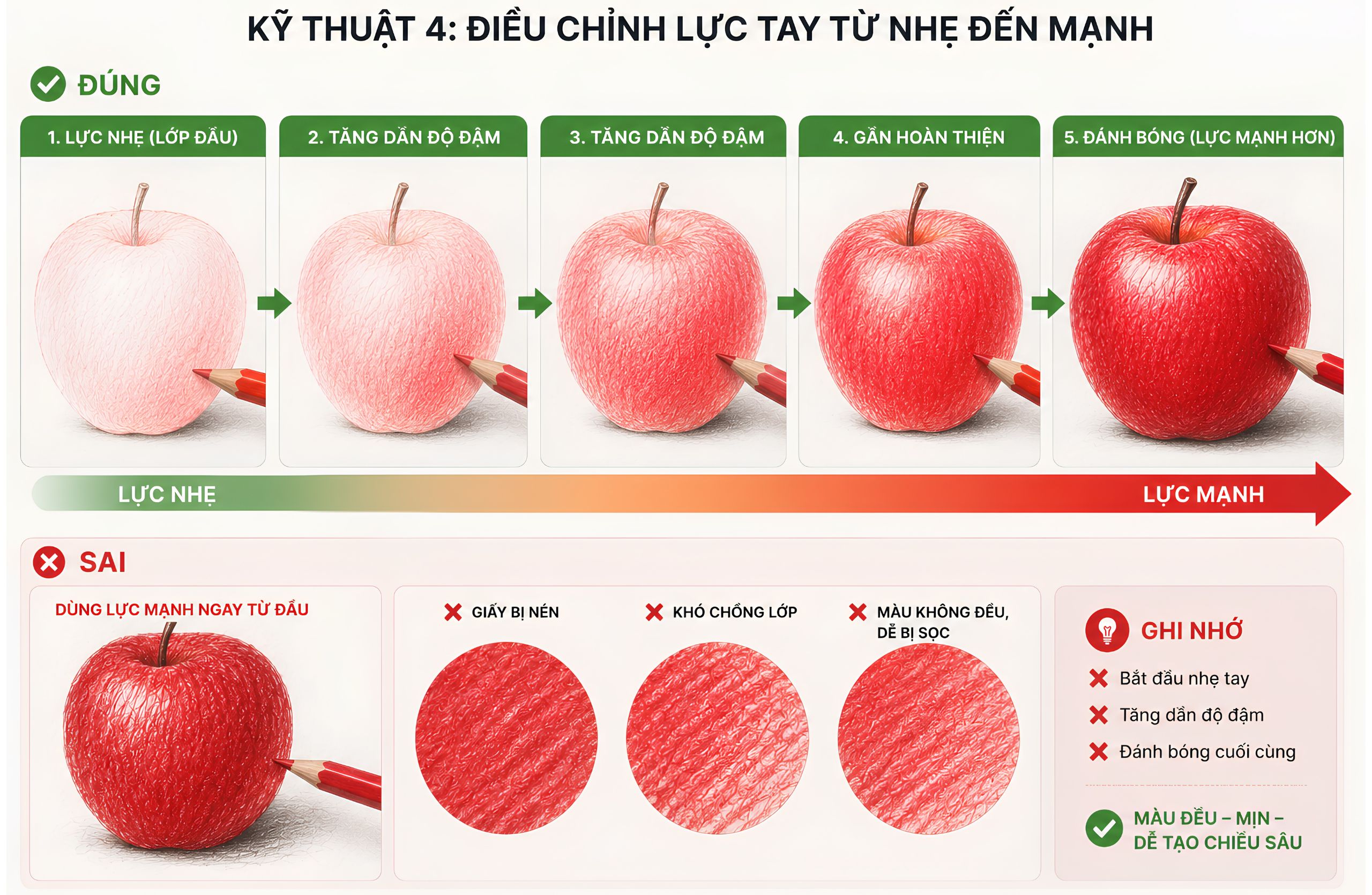 7 Kỹ Thuật Đánh Bóng Chì Màu Giúp Bài Vẽ Mịn Và Có Chiều Sâu - sử dụng lực tay từ nhẹ đến mạnh